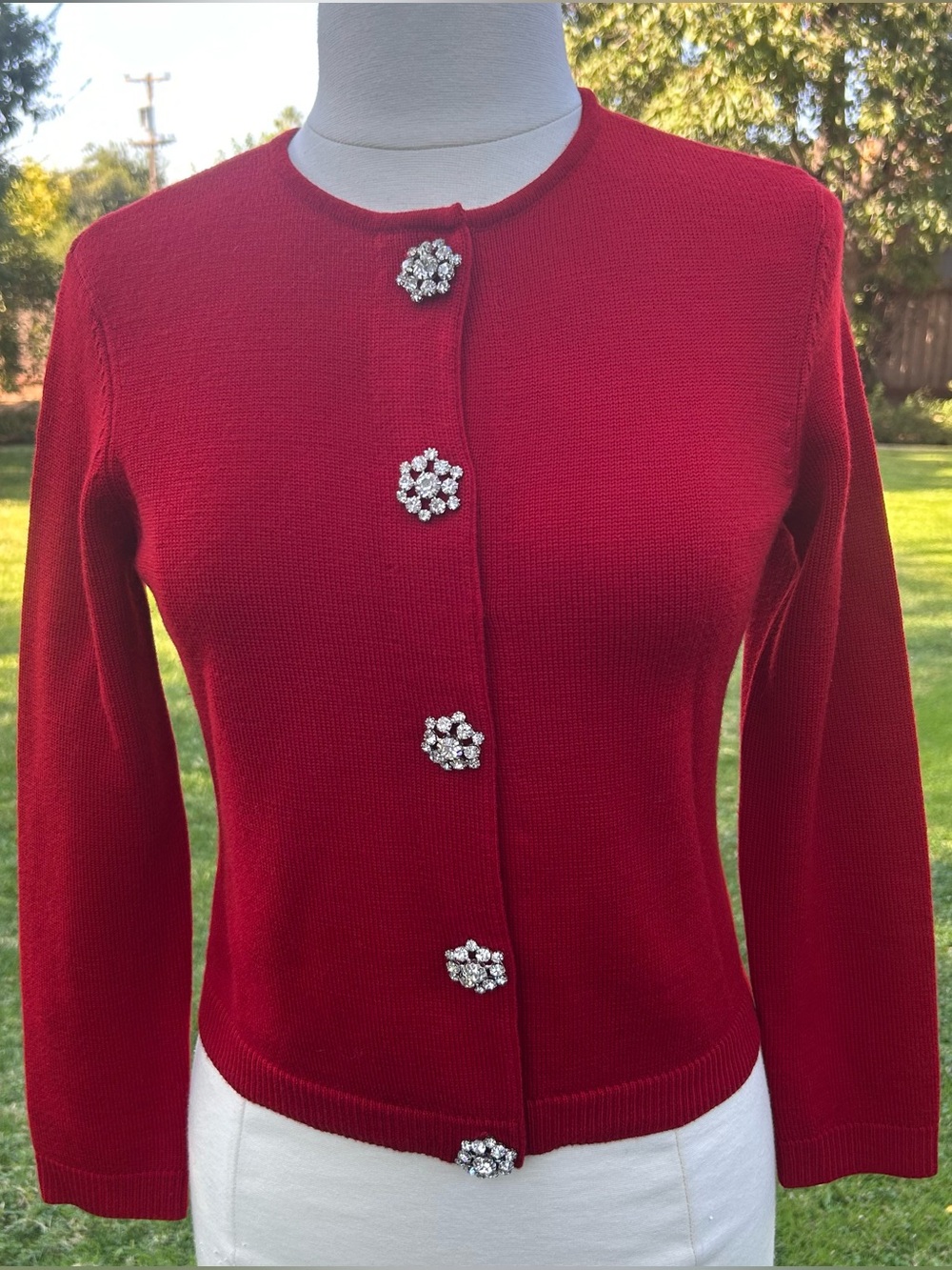 Vintage Talbots 100% Merino Wool Scarlet Red Cardigan Jewel Buttons SP STUNNING